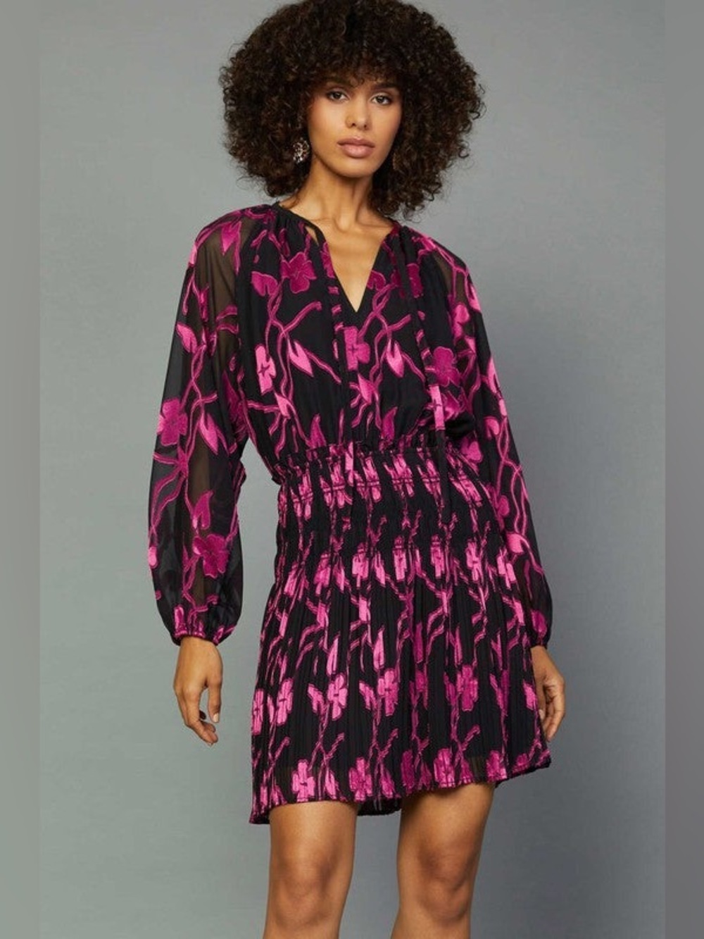 Current Air Hot Pink Floral Mini Dress Smocked Pleated Whimsigoth Boho XS